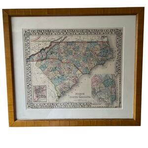 Framed North & South Carolina Map w/h Insets of Charleston Harbor and Charleston